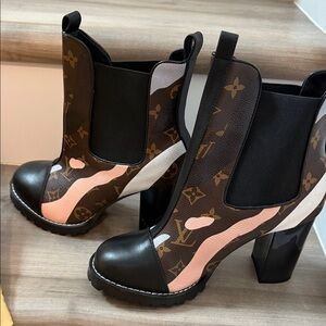 Louis Vuitton Monogram Pink, Cream & Black Block Heel Chelsea Boots